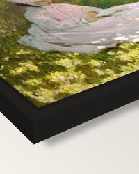Springtime by Claude Monet framed canvas, corner close-up: a black floating frame with a shadow gap round the canvas