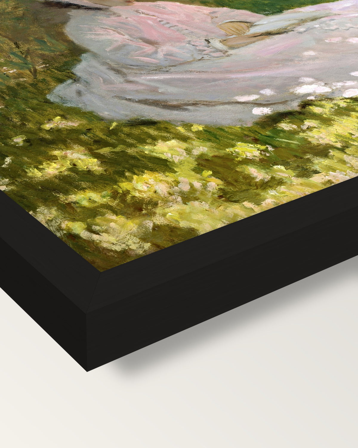 Springtime by Claude Monet framed print, corner close-up: black moulding, mitred, the print set just below its edge