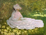Springtime by Claude Monet: a woman in a pink-white dress and bonnet reading in the grass in dappled sunlight under lilacs