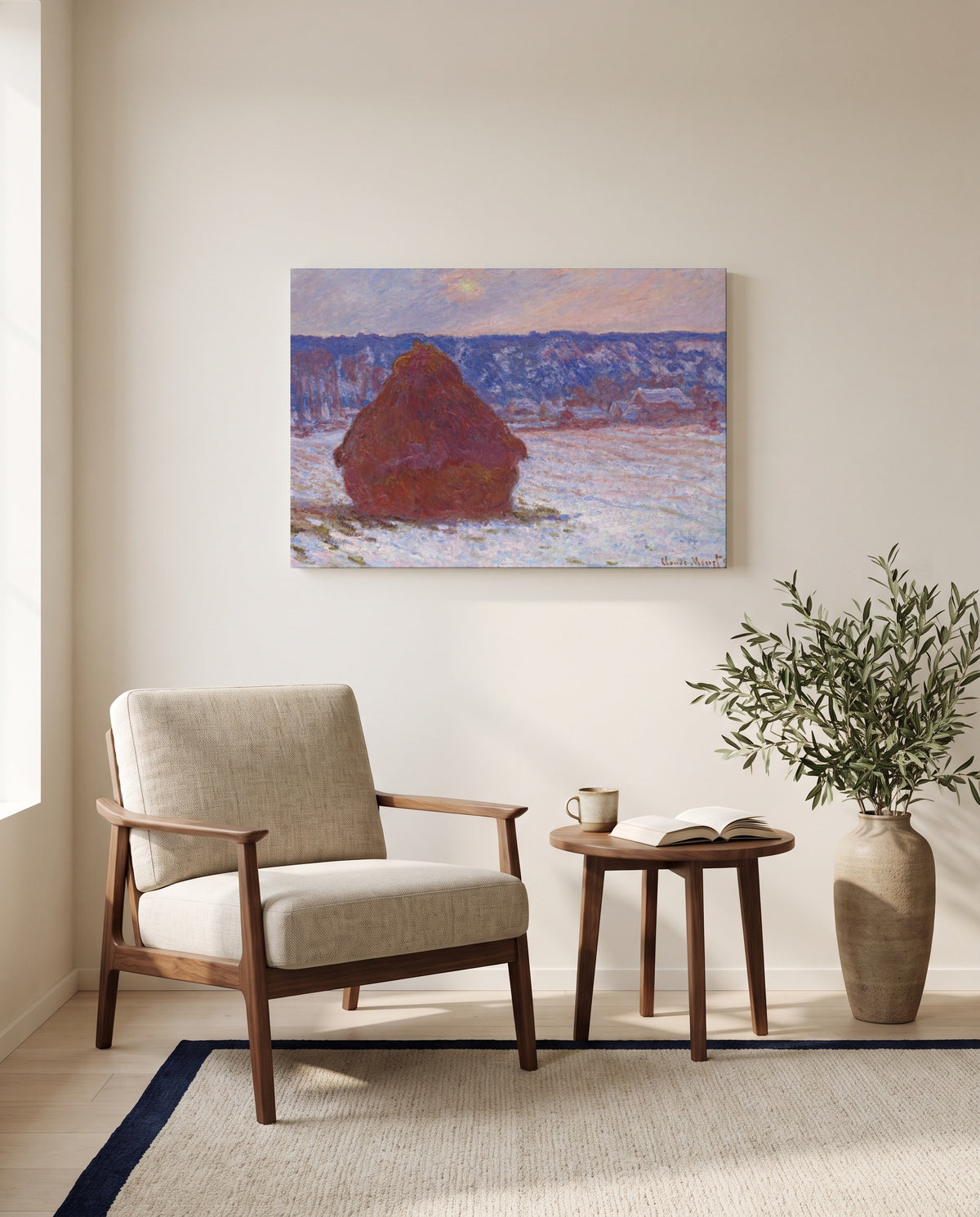 Stack of Wheat, Overcast by Claude Monet as a stretched canvas above a linen lounge chair in a reading corner