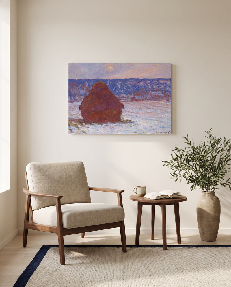 Stack of Wheat, Overcast by Claude Monet as a stretched canvas above a linen lounge chair in a reading corner