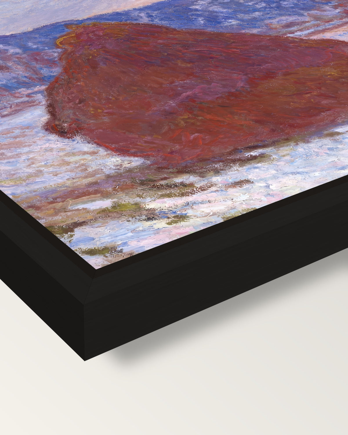 Stack of Wheat, Overcast by Monet framed canvas, corner close-up: a black floating frame with a shadow gap round the canvas