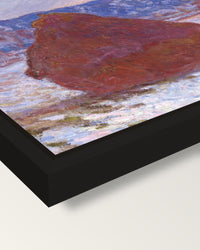 Stack of Wheat, Overcast by Monet framed canvas, corner close-up: a black floating frame with a shadow gap round the canvas