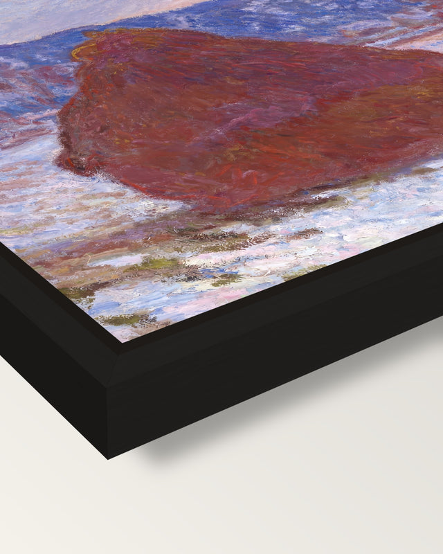 Stack of Wheat, Overcast by Monet framed canvas, corner close-up: a black floating frame with a shadow gap round the canvas