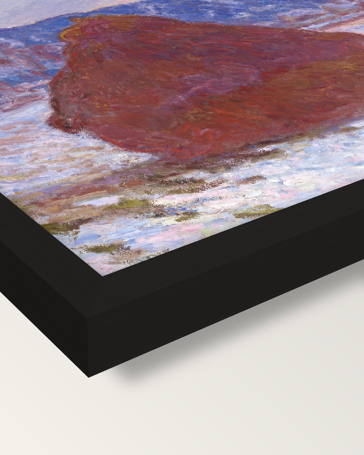 Stack of Wheat, Overcast by Monet framed print, corner close-up: black moulding, mitred, the print set just below its edge