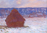 Stack of Wheat, Snow Effect, Overcast Day by Claude Monet: one large red-brown haystack in a snowy field, blue hills behind