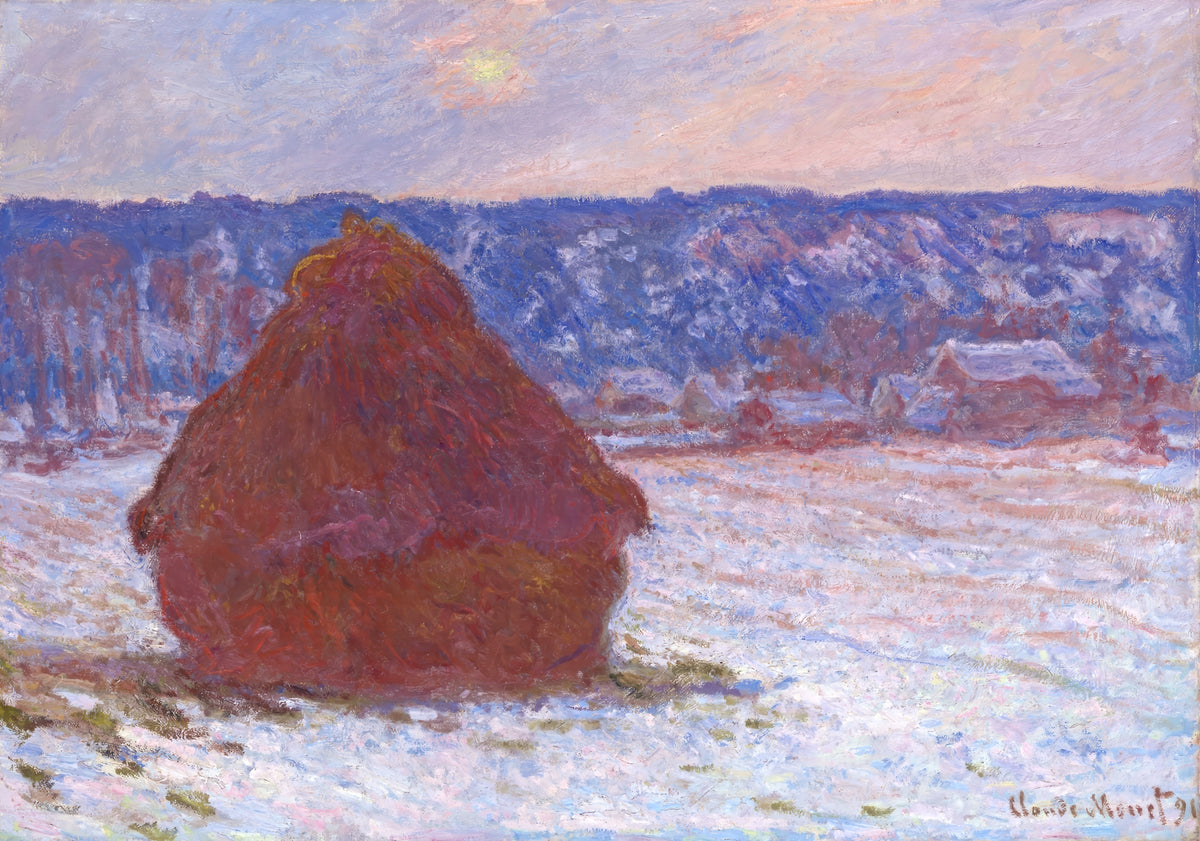 Stack of Wheat, Snow Effect, Overcast Day by Claude Monet: one large red-brown haystack in a snowy field, blue hills behind