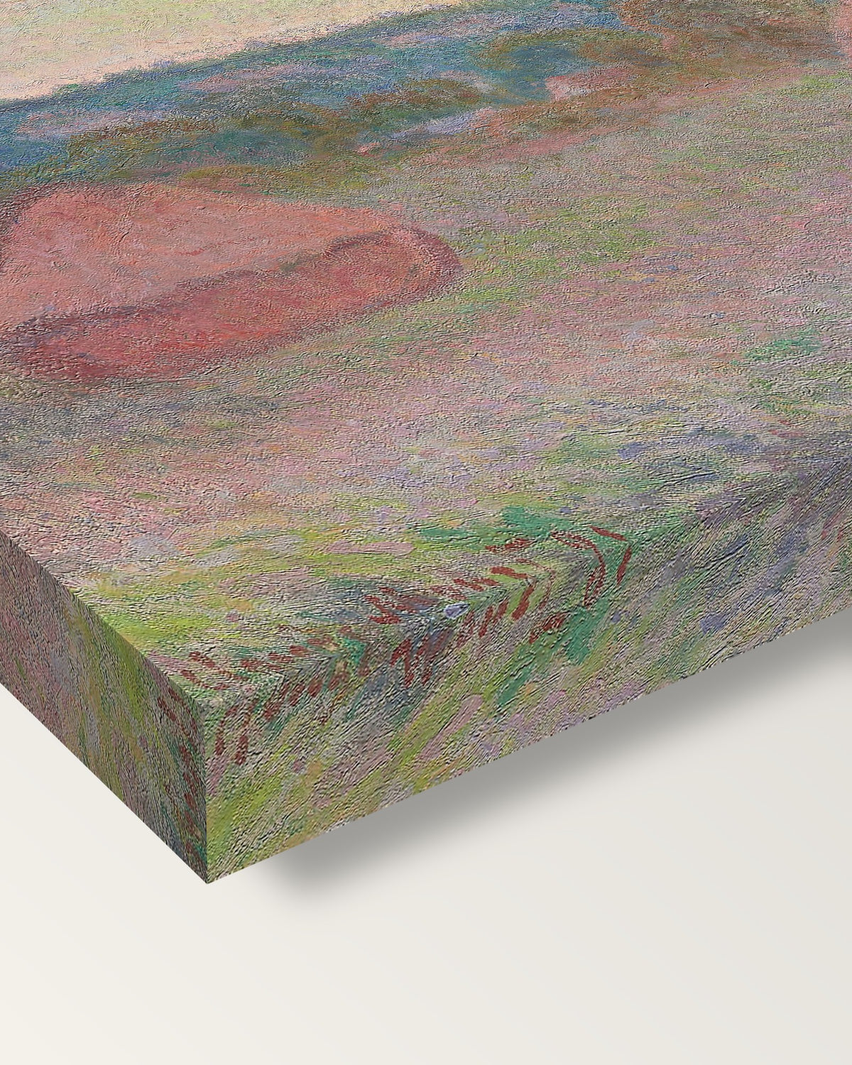 Stacks of Wheat, End of Day by Claude Monet on stretched canvas, corner close-up: the painting mirror-wrapped round the sides