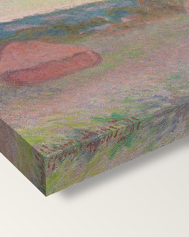 Stacks of Wheat, End of Day by Claude Monet on stretched canvas, corner close-up: the painting mirror-wrapped round the sides