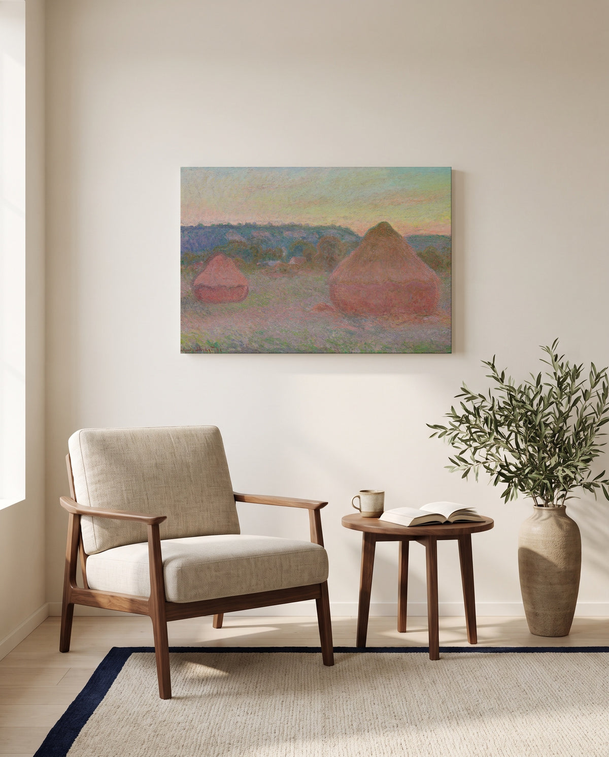 Stacks of Wheat, End of Day by Claude Monet as a stretched canvas above a linen lounge chair in a reading corner