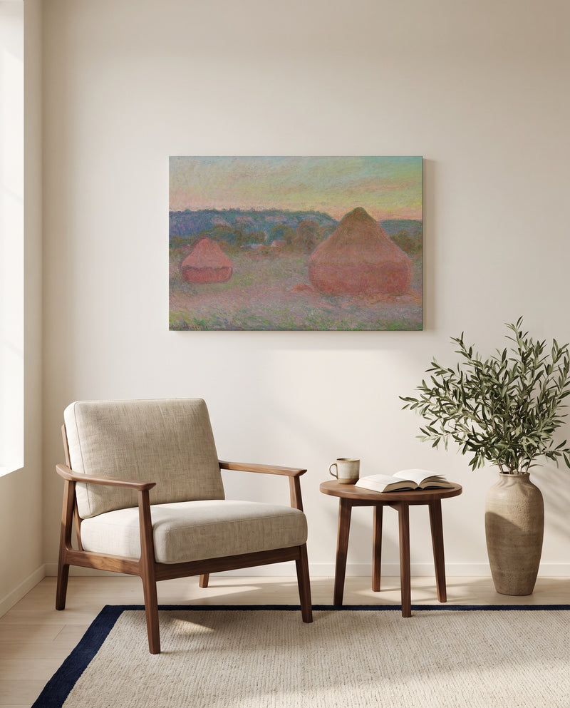 Stacks of Wheat, End of Day by Claude Monet as a stretched canvas above a linen lounge chair in a reading corner