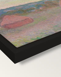 Stacks of Wheat, End of Day framed canvas, corner close-up: a black floating frame with a shadow gap round the canvas