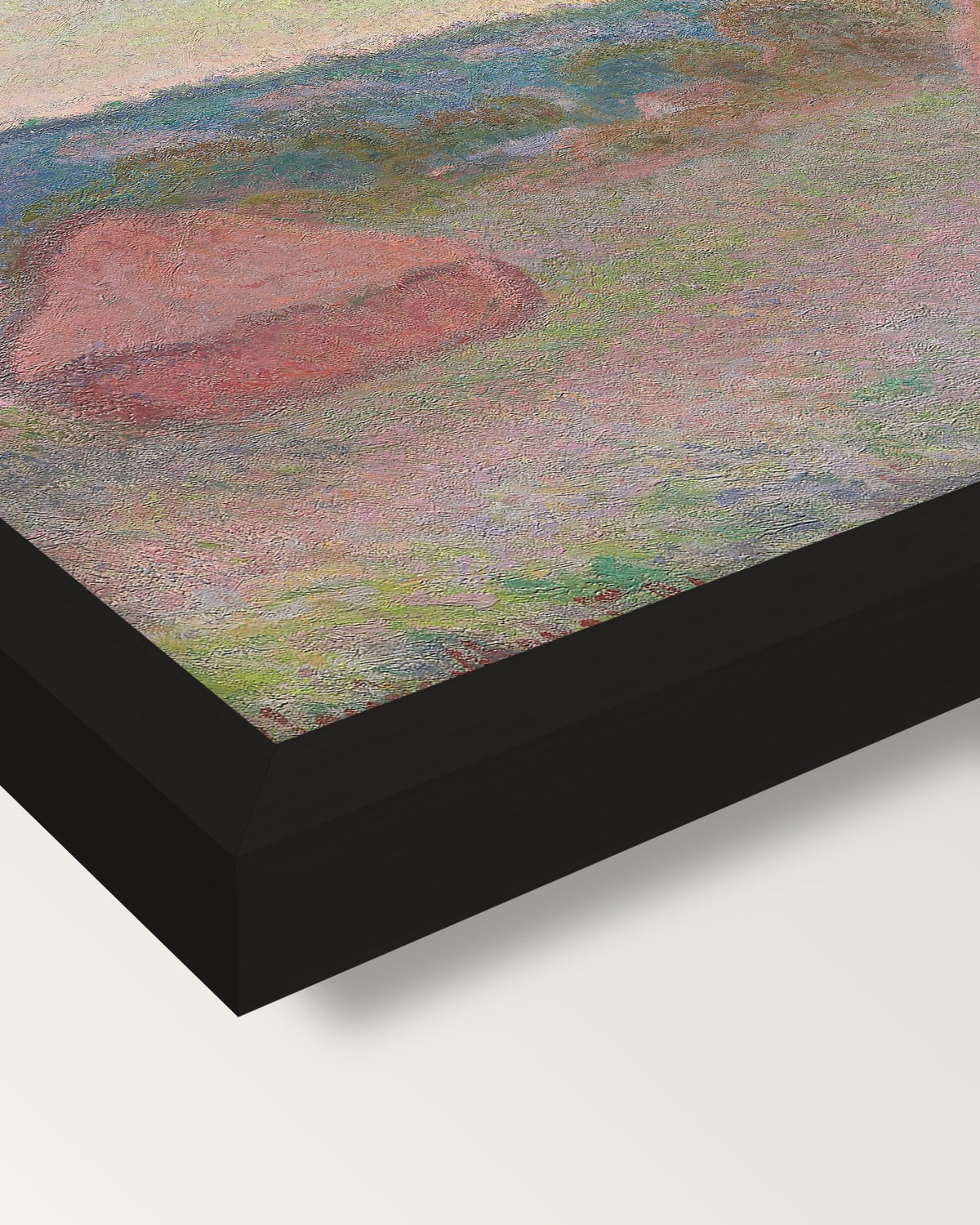 Stacks of Wheat, End of Day by Monet framed print, corner close-up: black moulding, mitred, the print set just below its edge