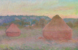 Stacks of Wheat (End of Day, Autumn) by Claude Monet: two wheat stacks glowing pink and orange before violet hills