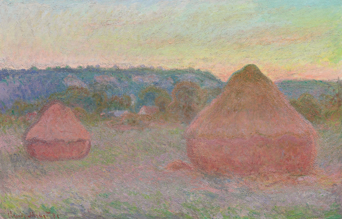 Stacks of Wheat (End of Day, Autumn) by Claude Monet: two wheat stacks glowing pink and orange before violet hills