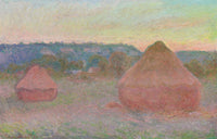 Stacks of Wheat (End of Day, Autumn) by Claude Monet: two wheat stacks glowing pink and orange before violet hills