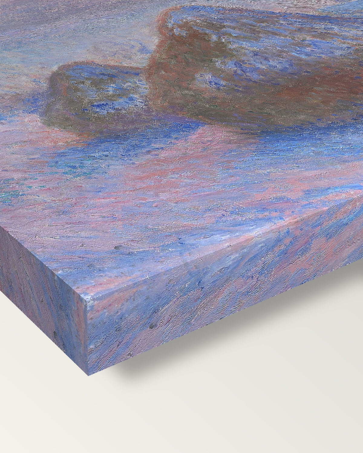Stacks of Wheat, Snow Effect by Monet on stretched canvas, corner close-up: the painting mirror-wrapped round the sides