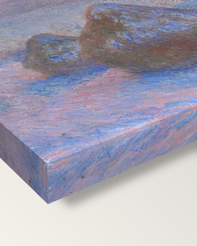 Stacks of Wheat, Snow Effect by Monet on stretched canvas, corner close-up: the painting mirror-wrapped round the sides