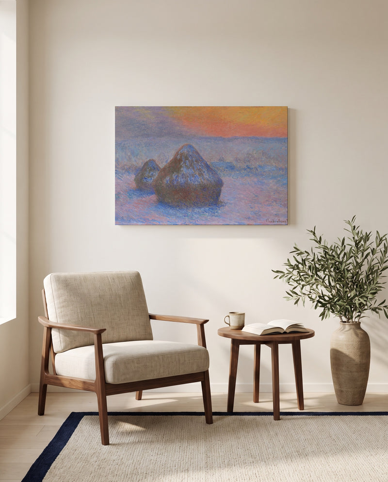 Stacks of Wheat, Snow Effect by Claude Monet as a stretched canvas above a linen lounge chair in a reading corner