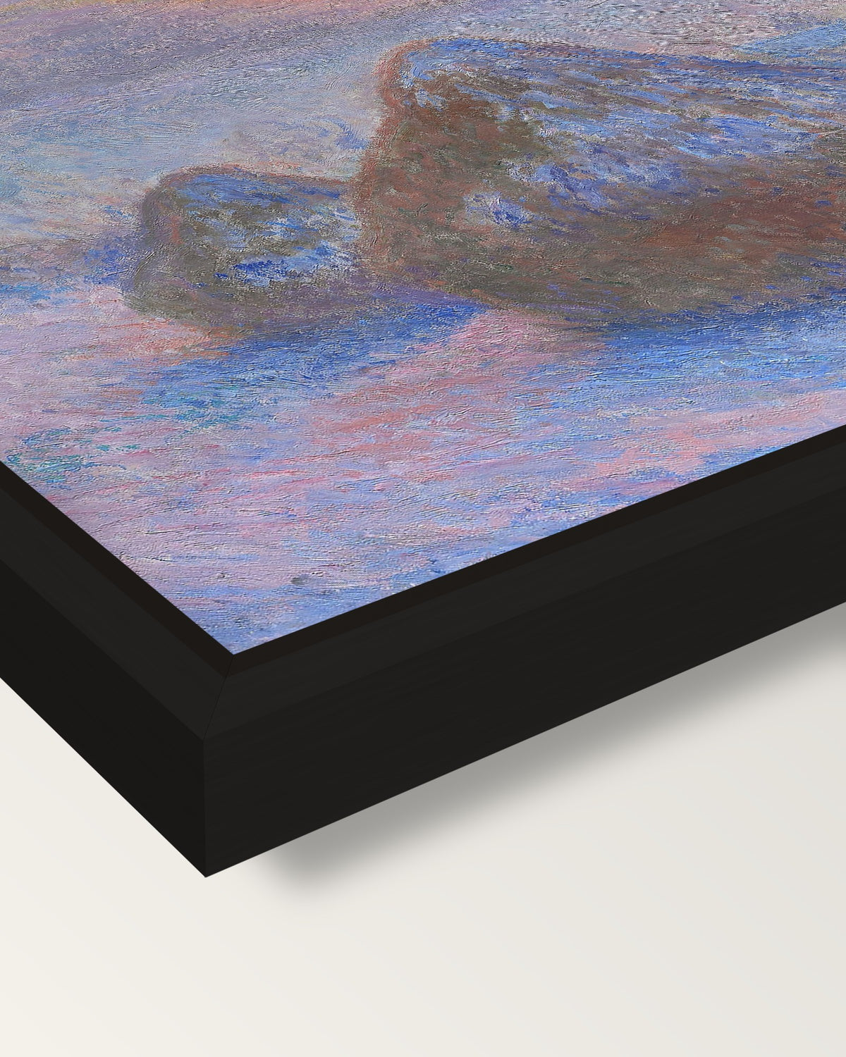 Stacks of Wheat, Snow Effect framed canvas, corner close-up: a black floating frame with a shadow gap round the canvas