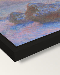 Stacks of Wheat, Snow Effect framed canvas, corner close-up: a black floating frame with a shadow gap round the canvas