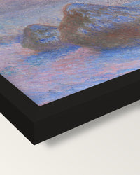 Stacks of Wheat, Snow Effect framed print, corner close-up: black moulding, mitred, the print set just below its edge