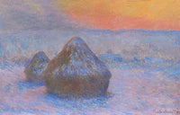 Stacks of Wheat (Sunset, Snow Effect) by Claude Monet: two wheat stacks in violet snow under an orange and pink sky