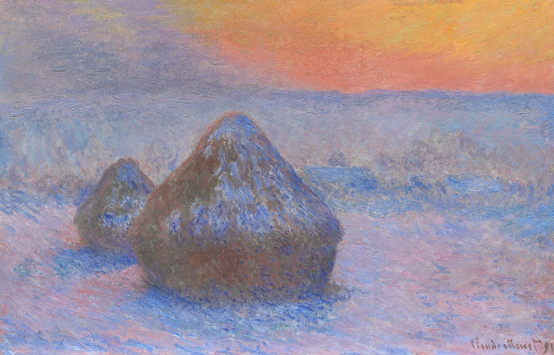 Stacks of Wheat (Sunset, Snow Effect) by Claude Monet: two wheat stacks in violet snow under an orange and pink sky