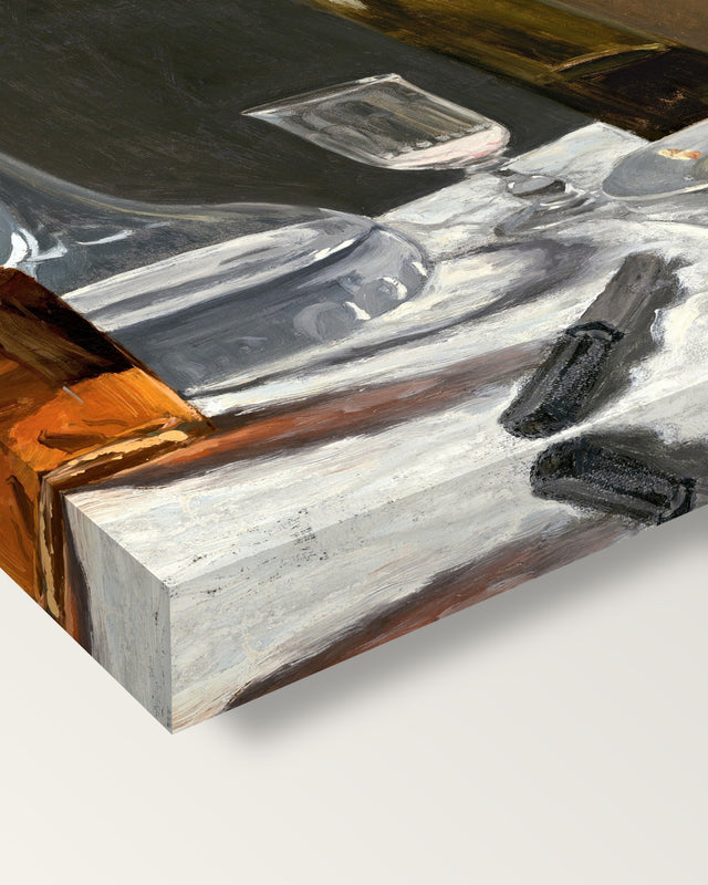 Bread and Wine by Claude Monet on stretched canvas, corner close-up: the painting mirror-wrapped round the sides