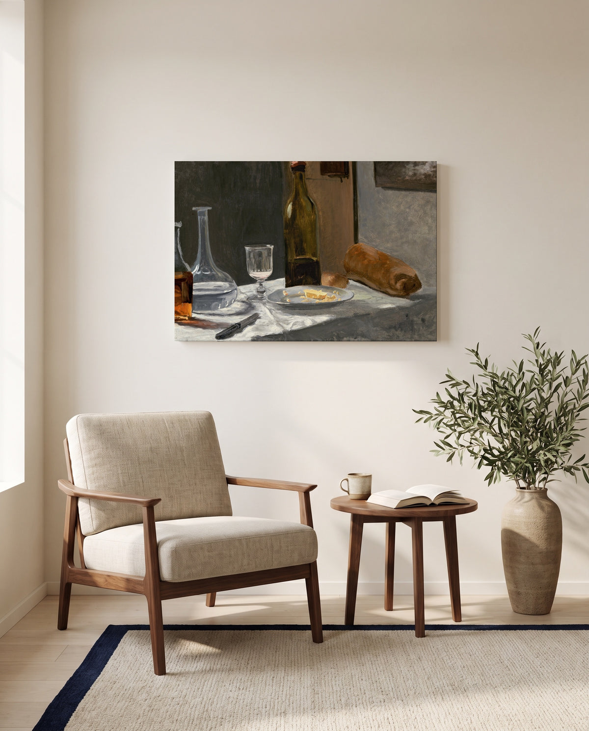 Bread and Wine by Claude Monet as a stretched canvas above a linen lounge chair in a reading corner