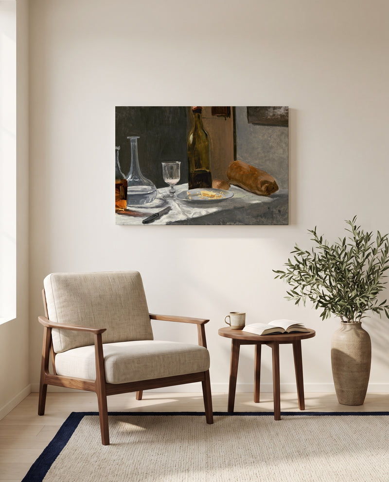 Bread and Wine by Claude Monet as a stretched canvas above a linen lounge chair in a reading corner