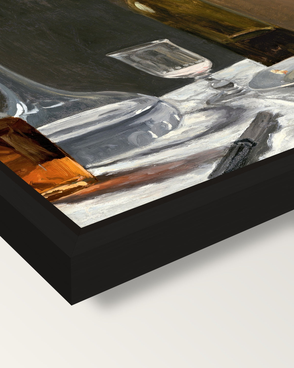Bread and Wine by Claude Monet framed canvas, corner close-up: a black floating frame with a shadow gap round the canvas