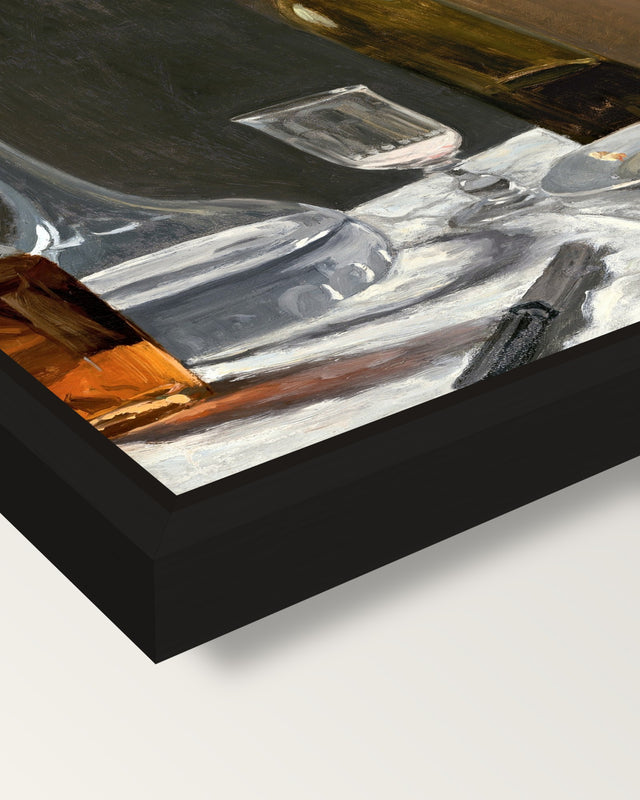 Bread and Wine by Claude Monet framed canvas, corner close-up: a black floating frame with a shadow gap round the canvas