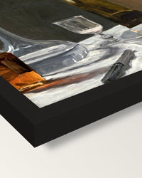 Bread and Wine by Claude Monet framed print, corner close-up: black moulding, mitred, the print set just below its edge