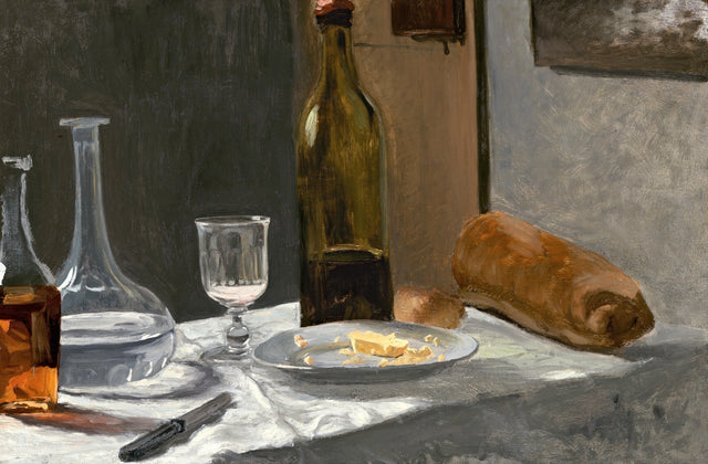 Still Life with Bottle, Carafe, Bread, and Wine by Claude Monet: a bottle, a carafe of wine, bread and a glass on white cloth