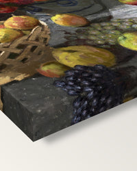 Flowers and Fruit by Claude Monet on stretched canvas, corner close-up: the painting mirror-wrapped round the sides