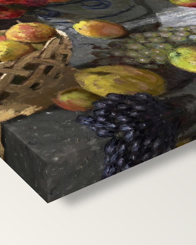 Flowers and Fruit by Claude Monet on stretched canvas, corner close-up: the painting mirror-wrapped round the sides