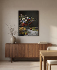Flowers and Fruit by Claude Monet in a black frame above a walnut sideboard in a dining room