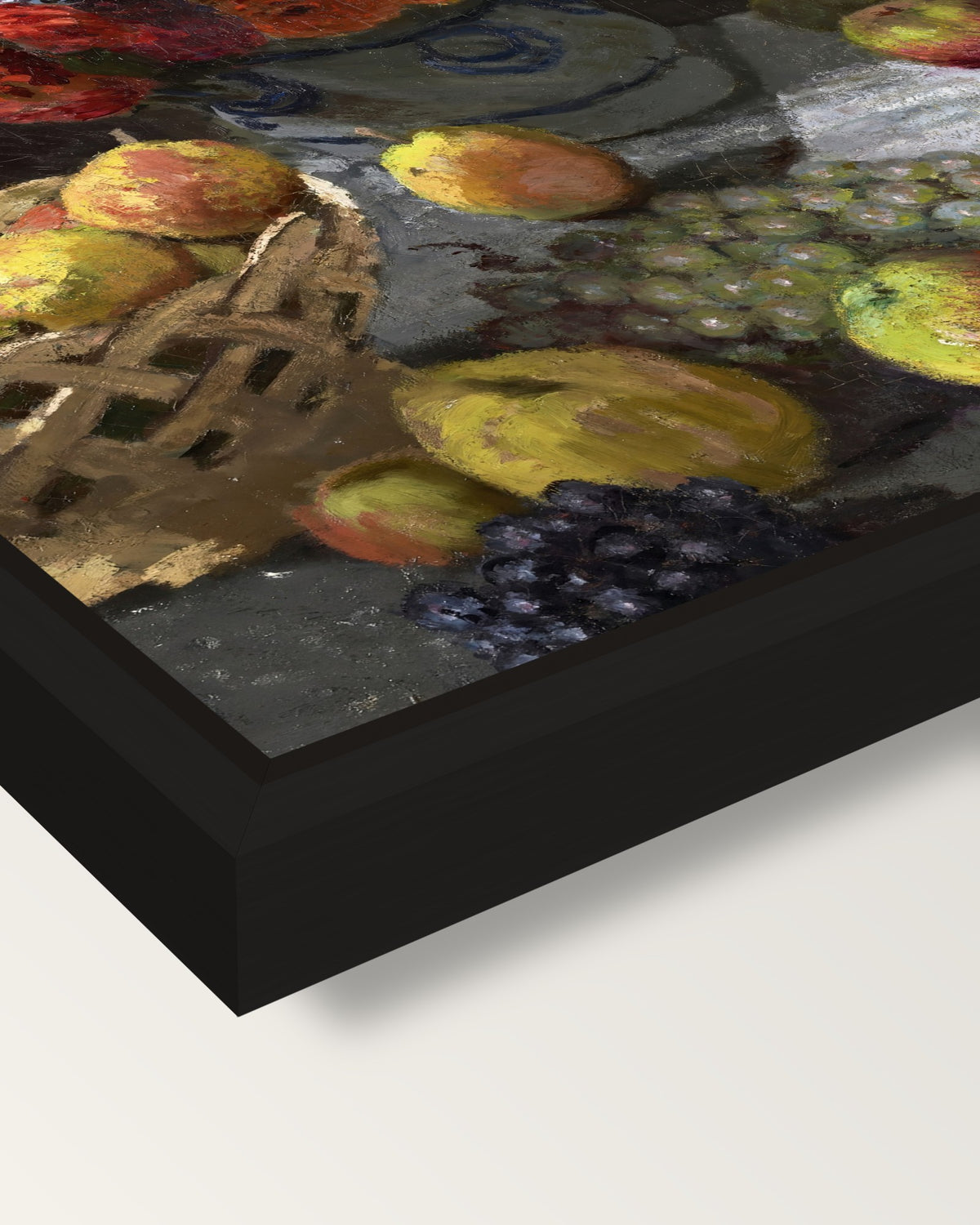 Flowers and Fruit by Claude Monet framed canvas, corner close-up: a black floating frame with a shadow gap round the canvas