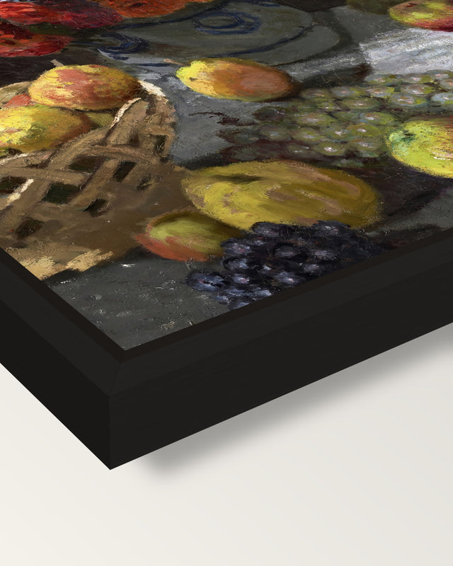Flowers and Fruit by Claude Monet framed canvas, corner close-up: a black floating frame with a shadow gap round the canvas