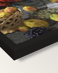 Flowers and Fruit by Claude Monet framed print, corner close-up: black moulding, mitred, the print set just below its edge