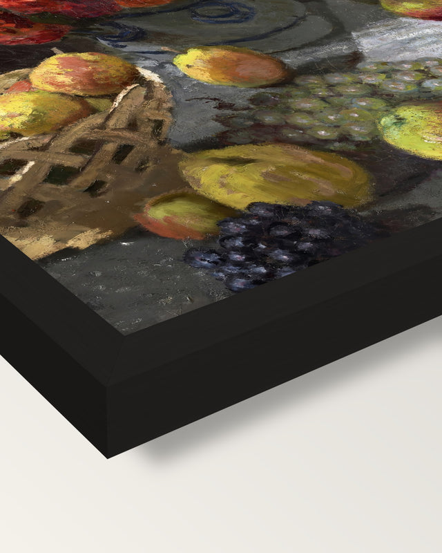 Flowers and Fruit by Claude Monet framed print, corner close-up: black moulding, mitred, the print set just below its edge