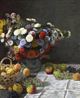 Still Life with Flowers and Fruit by Claude Monet: a large bouquet of red and white flowers above apples and grapes