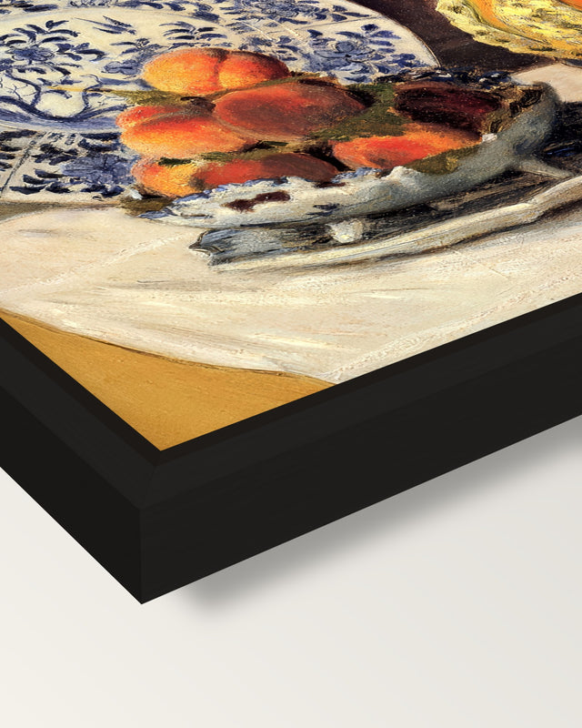 Still Life with Melon by Monet framed canvas, corner close-up: a black floating frame with a shadow gap round the canvas