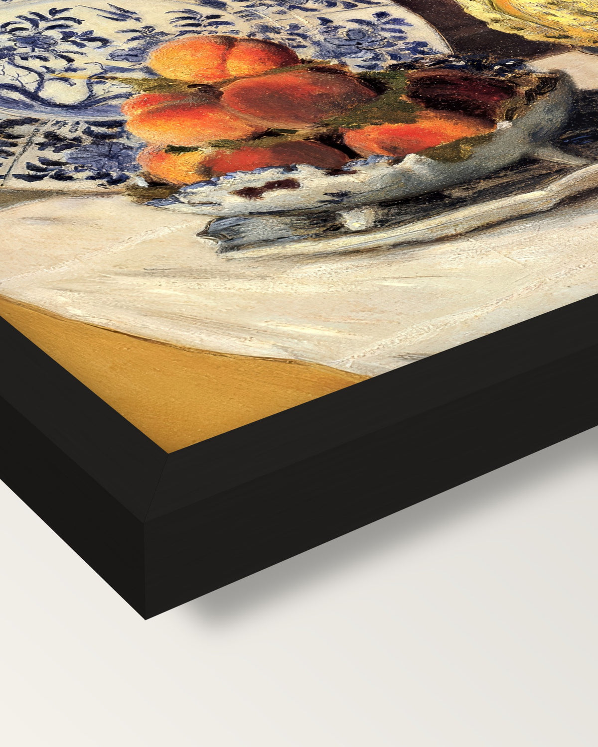 Still Life with Melon by Monet framed print, corner close-up: black moulding, mitred, the print set just below its edge