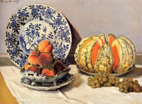 Still Life with Melon by Claude Monet: peaches, a cut orange melon and grapes on a white cloth before a blue patterned plate