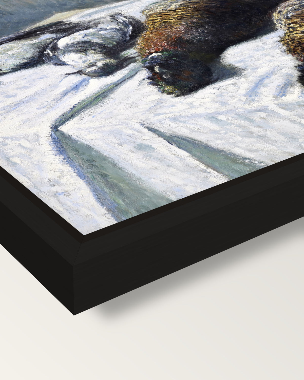 Pheasants and Plovers by Monet framed canvas, corner close-up: a black floating frame with a shadow gap round the canvas