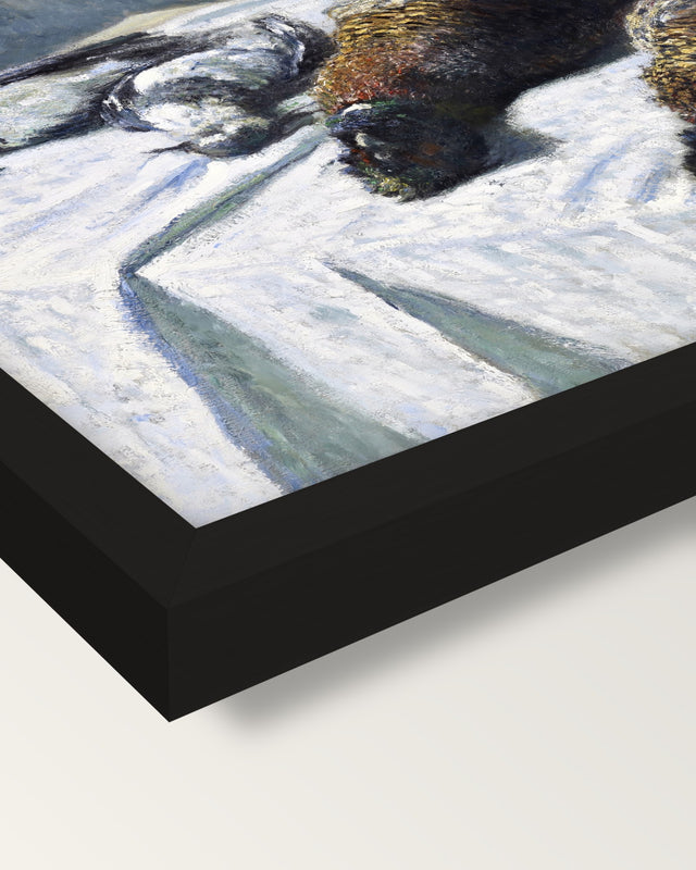 Pheasants and Plovers by Monet framed print, corner close-up: black moulding, mitred, the print set just below its edge