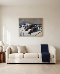 Pheasants and Plovers by Claude Monet framed in natural oak above a cream sofa in a warm living room