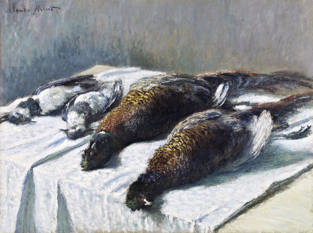 Still Life with Pheasants and Plovers by Claude Monet: two pheasants and small plovers lying on a white tablecloth